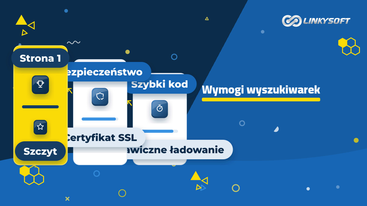 Schemat przedstawiający kryteria techniczne sprawdzane przez roboty wyszukiwarek w celu wyświetlenia witryny na pierwszej stronie wyników.