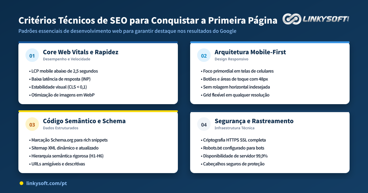Esquema visual detalhando os critérios técnicos avaliados pelos mecanismos de busca para destacar um site na primeira página de resultados.