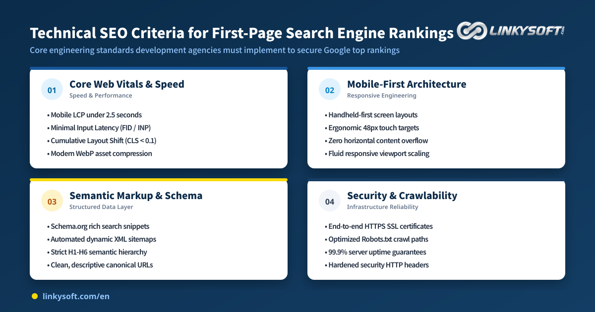 Technical criteria examined by search engine algorithms to rank a business website on the first page of search results.