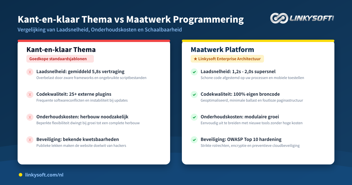 Diagram waarin het verschil tussen kant-en-klare thema's en maatwerk websites wordt vergeleken in laadsnelheid en onderhoudskosten op de lange termijn.