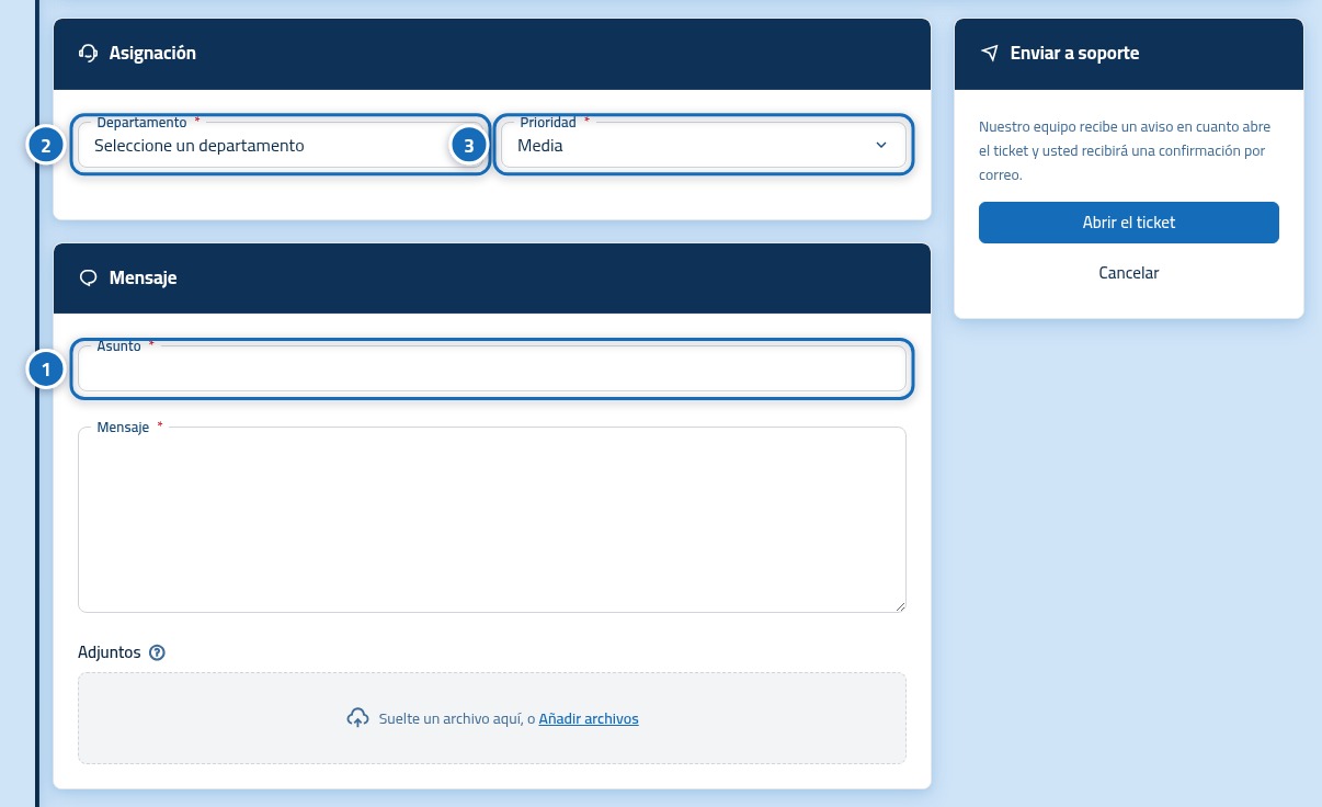 Mitad superior del formulario de nuevo ticket: campo Asunto es 1, lista de servicios es 2, Departamento es 3 y Prioridad es 4.