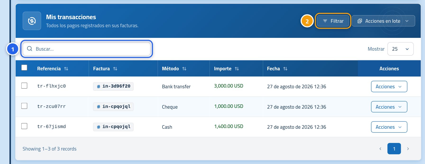 La página Mis pagos con la tabla de pagos, con el número 1 sobre el buscador y el número 2 sobre el botón de filtros.