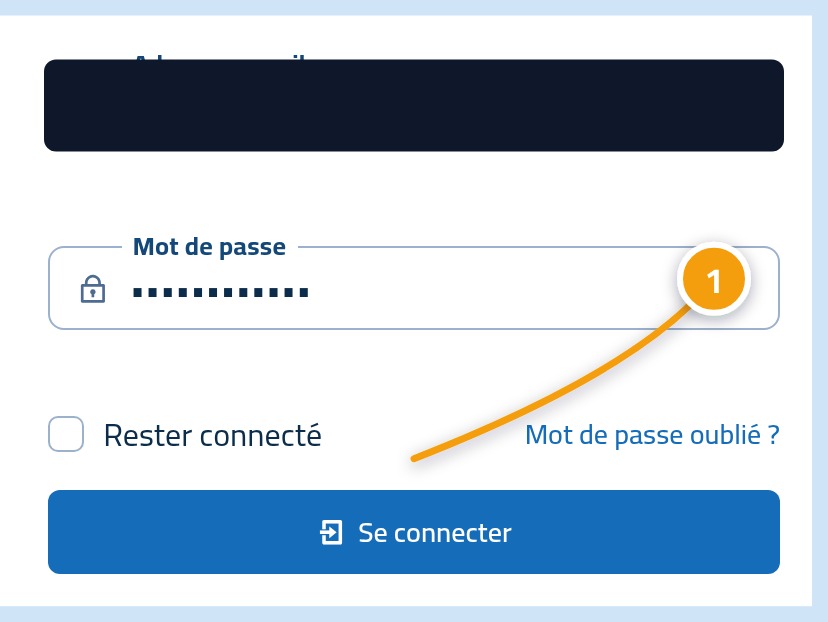 Le formulaire de connexion rempli, avec le bouton Se connecter marqué du numéro 1.