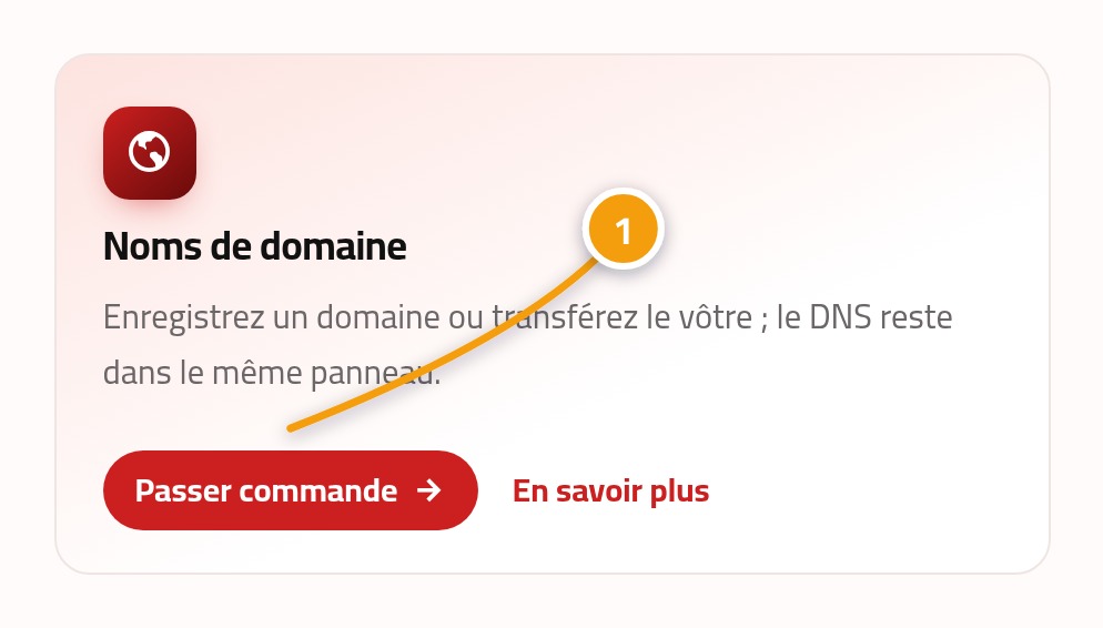La carte Noms de domaine sur la page d'accueil montrant le lien Passer commande marqué du numéro 1.