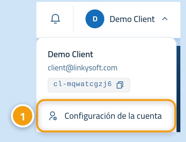 El menú de la cuenta abierto en la parte superior del panel, con la opción Ajustes de la cuenta marcada con 1.