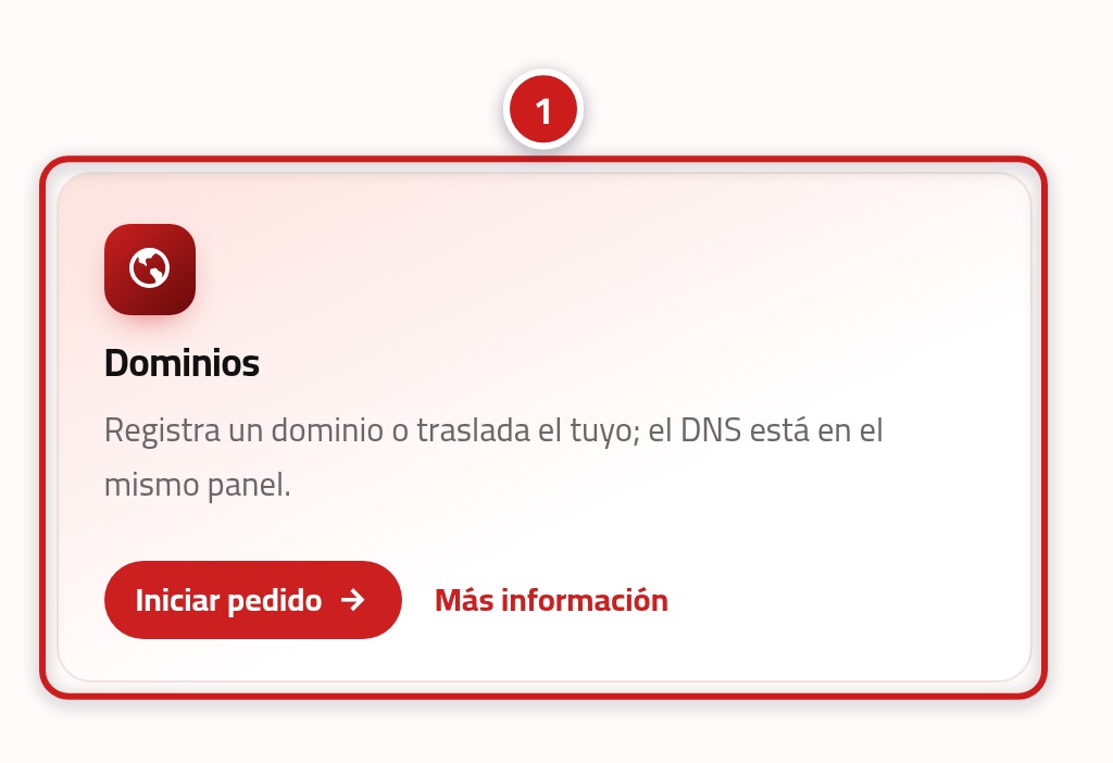 La sección de servicios de la página de inicio con la tarjeta de dominios resaltada y marcada con el número 1.