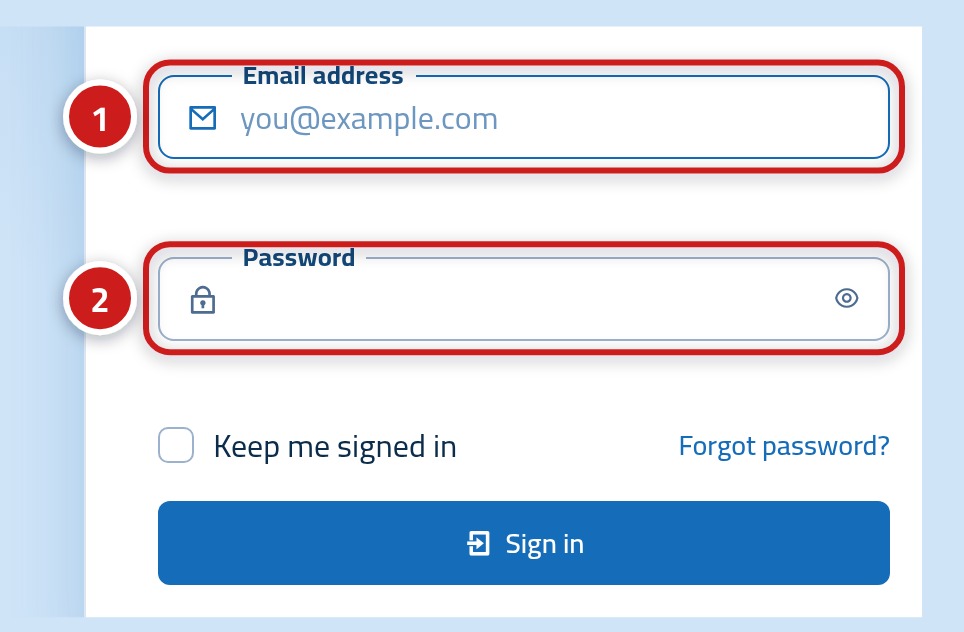 The sign-in form, showing the email box marked 1 and the password box marked 2.