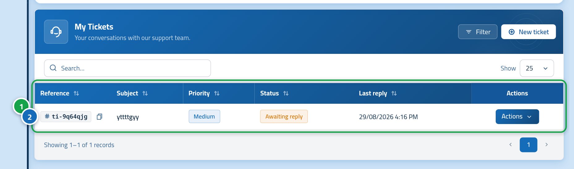 The tickets list with the newly created ticket at the top marked 1, its reference marked 2 and its open status marked 3.