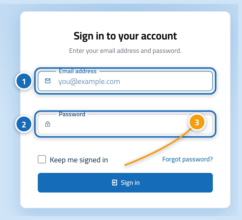 The Linkysoft console sign in card, with the e-mail field marked 1, the password field marked 2 and the sign in button marked 3.