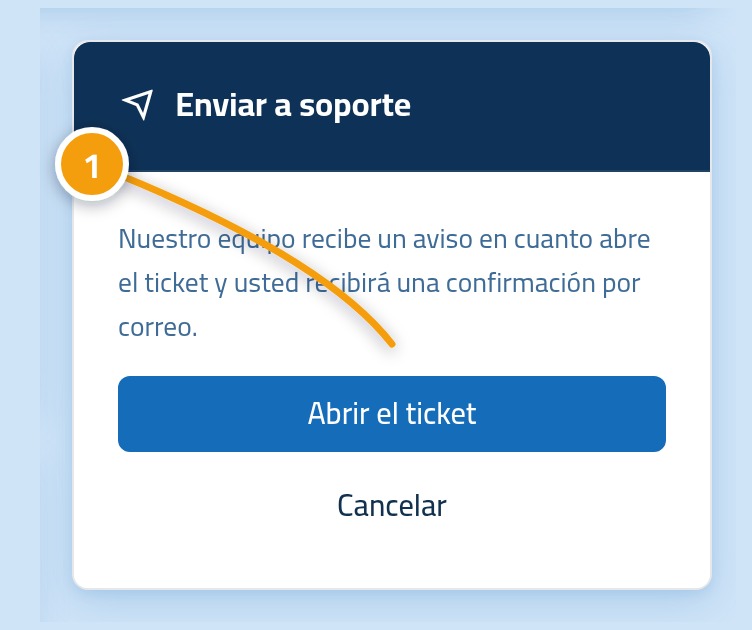 La parte inferior del formulario de nuevo ticket con el botón Abrir el ticket marcado con el 1.