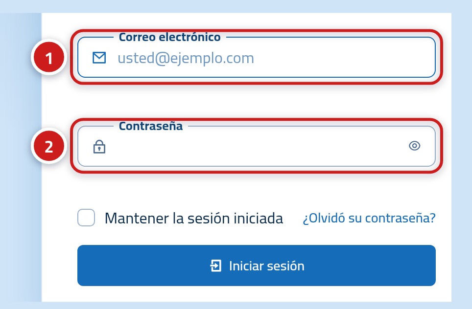 El formulario para entrar a la cuenta, mostrando la casilla de correo con el número 1 y la de contraseña con el 2.