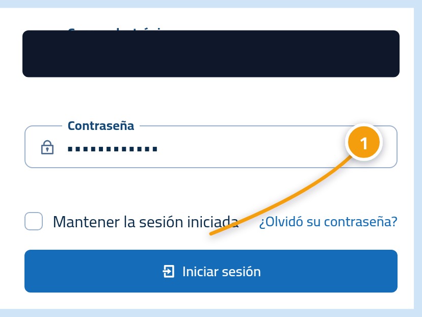 El formulario con los datos completos, y el botón de inicio de sesión marcado con el número 1.
