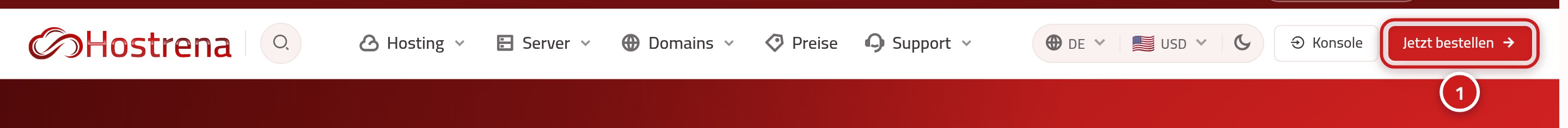Die Startseite von Hostrena mit der oberen Leiste und der Schaltfläche Jetzt bestellen, markiert mit der Nummer 1.