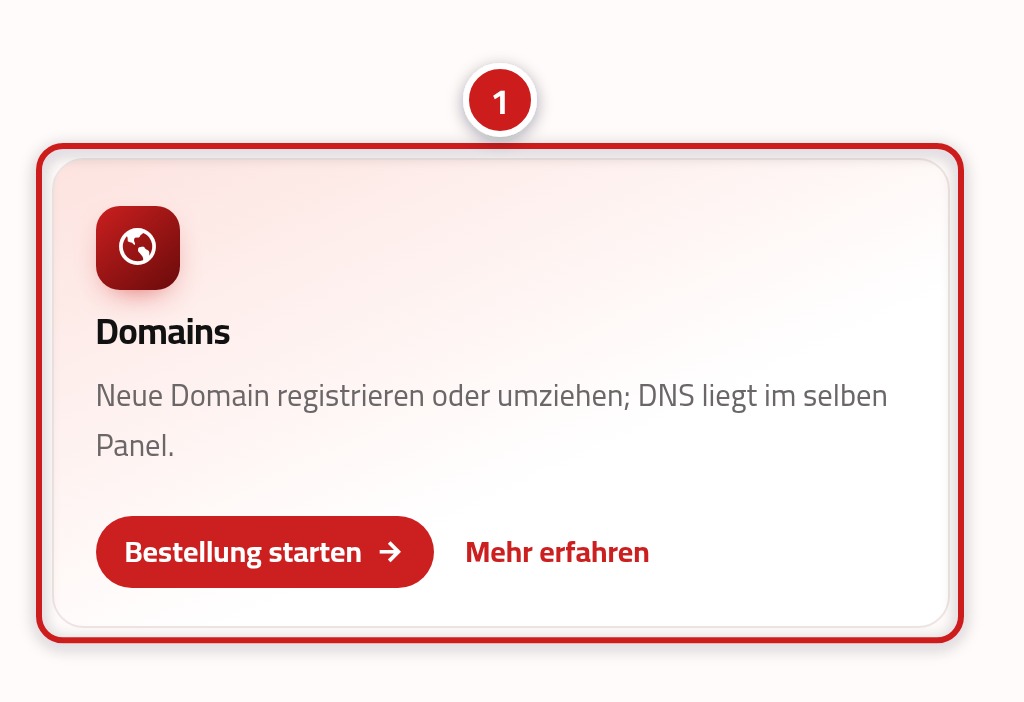 Der Bereich mit den Leistungen auf der Startseite, in dem die Domain-Karte hervorgehoben und mit der Nummer 1 markiert ist.