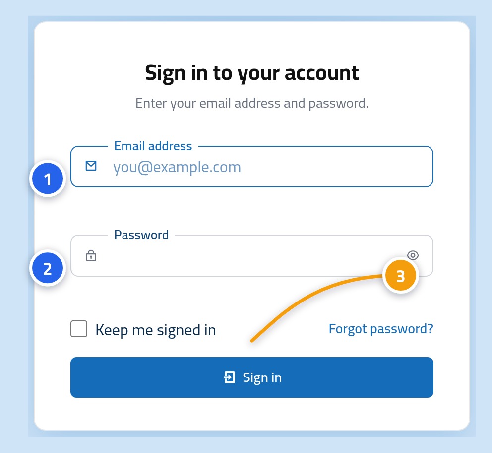 The Linkysoft control panel sign-in page, with the e-mail field marked 1, the password field marked 2 and the sign-in button marked 3.