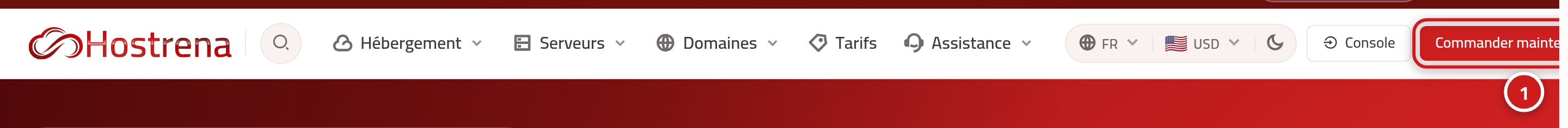 La page d'accueil de Hostrena montrant la barre supérieure et le bouton Commander maintenant marqué du numéro 1.
