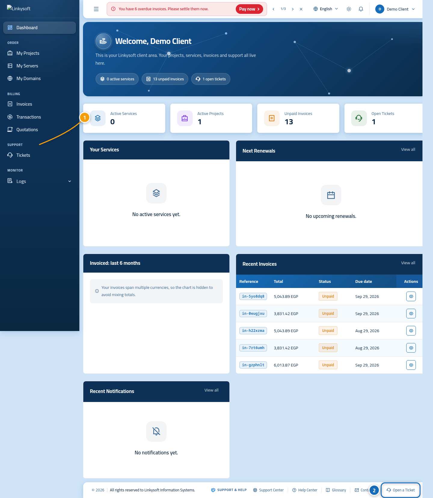 The client area dashboard with the Tickets link in the side menu marked 1 and the Open a Ticket button marked 2.
