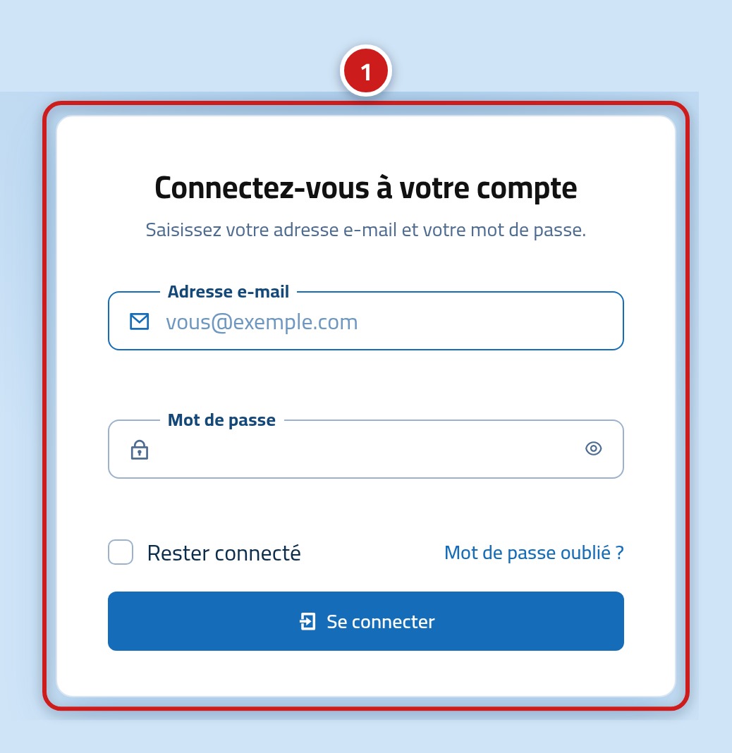 La page de connexion Hostrena, avec la zone de connexion marquée du numéro 1.