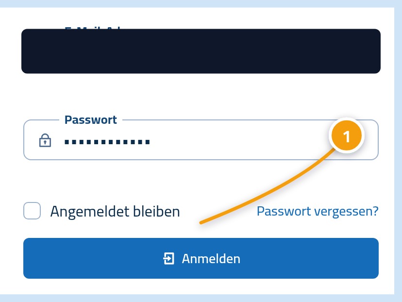 Das ausgefüllte Anmeldeformular. Die Schaltfläche Anmelden ist mit der Nummer 1 markiert.