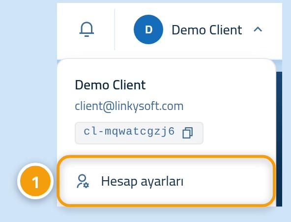 Kontrol panelinin üstünde açık hesap menüsü; Hesap ayarları seçeneği 1 ile işaretlenmiş.