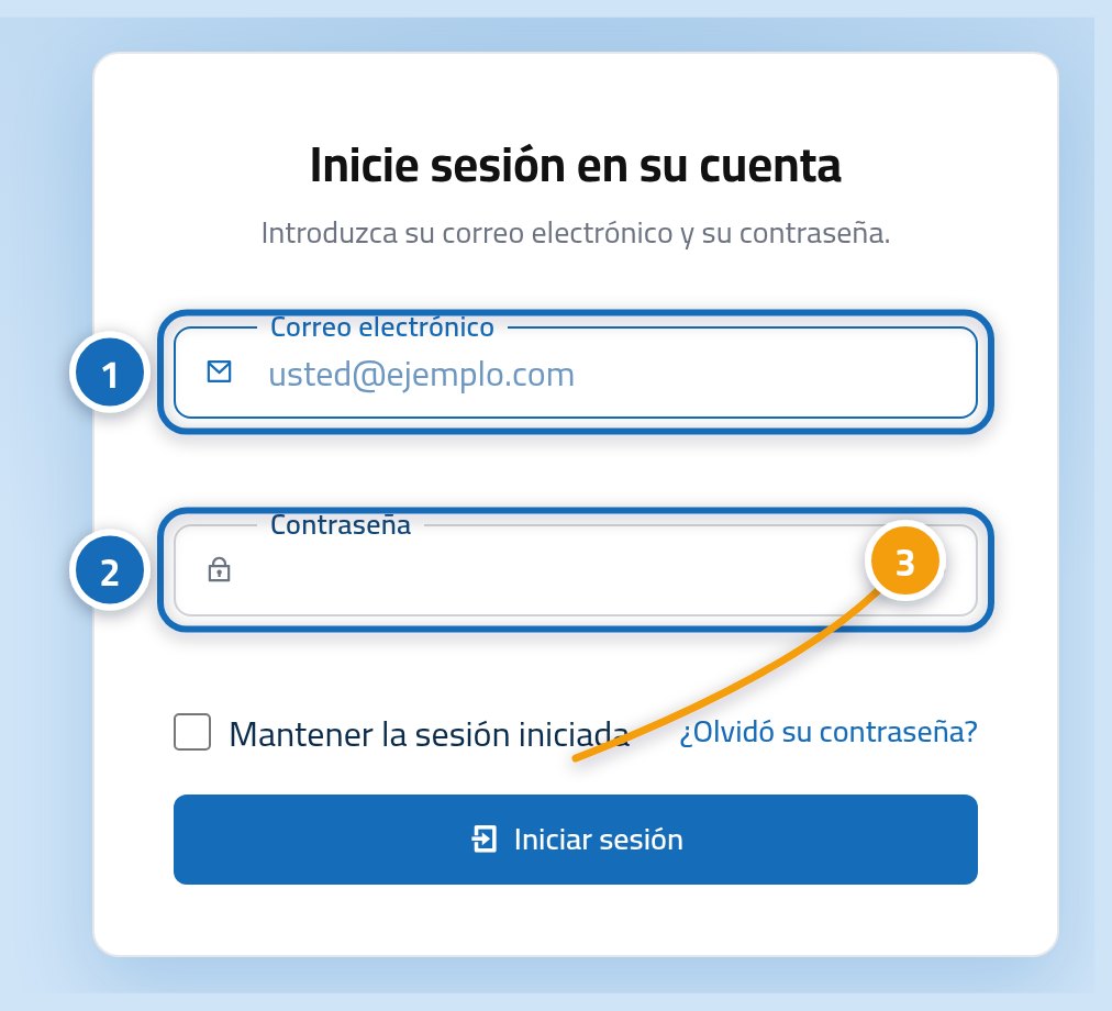 Tarjeta de inicio de sesión de Linkysoft: correo electrónico marcado con 1, contraseña con 2 y botón Iniciar sesión con 3.