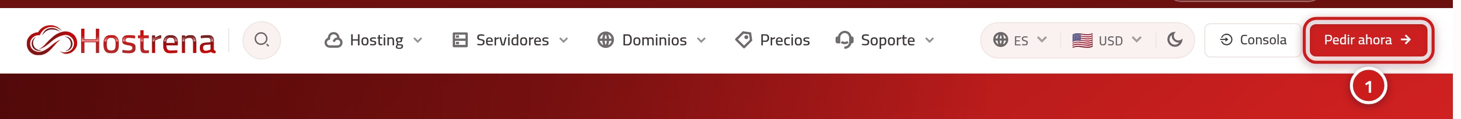 La página de inicio de Hostrena mostrando la barra superior y el botón Pedir ahora marcado con el número 1.