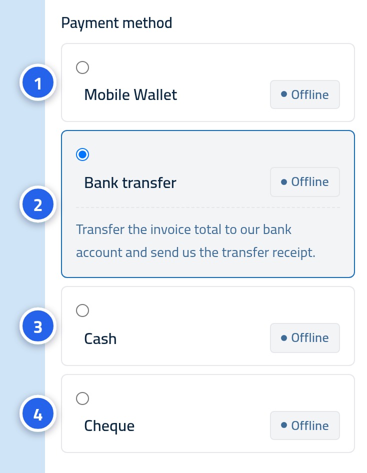 The list of payment methods inside the invoice, each one numbered from 1 to 4.
