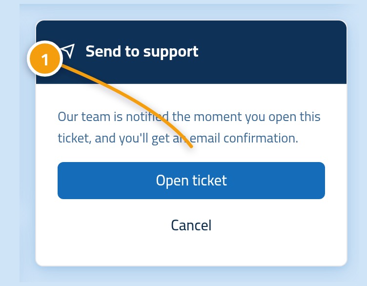 The bottom of the new ticket form with the send button marked 1.