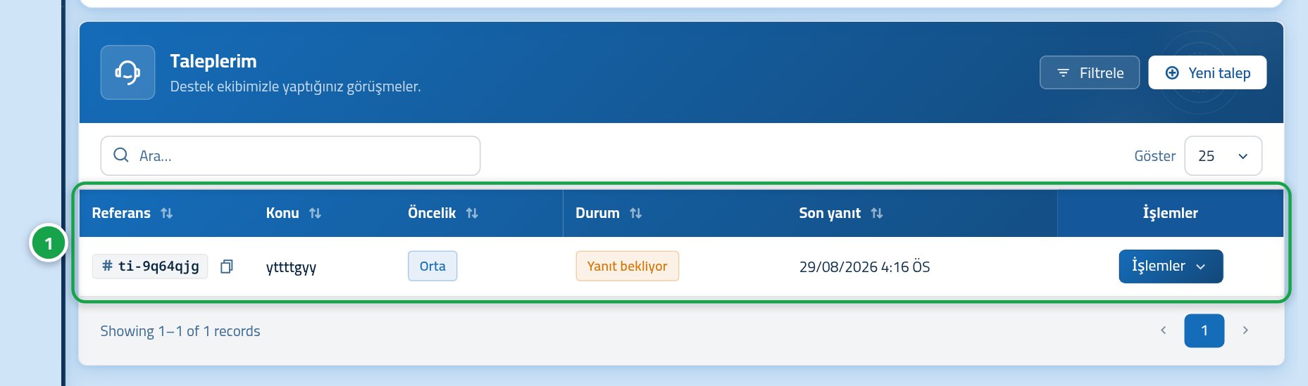 Talep listesi; yeni oluşturulan talep en üstte 1, referansı 2 ve açık durumu 3 ile işaretli.
