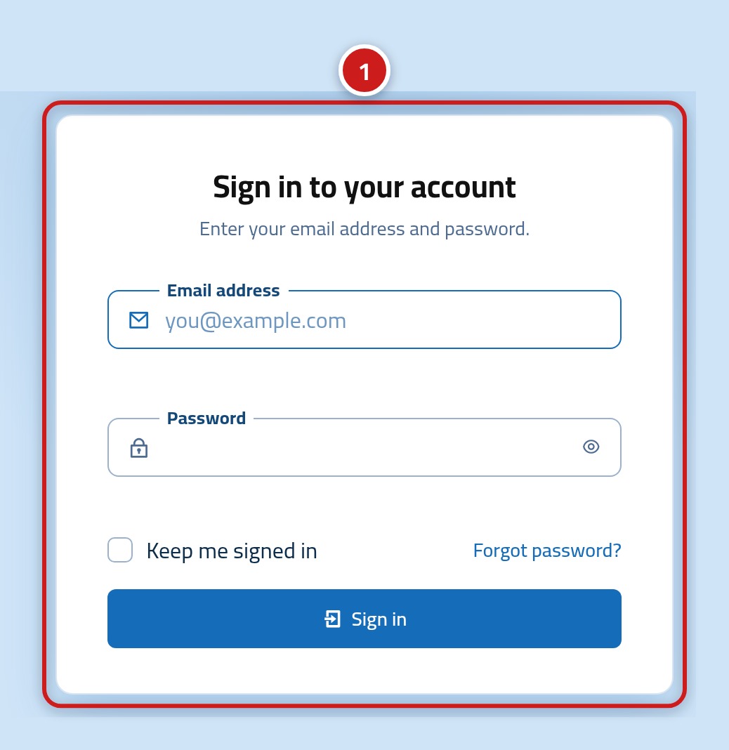The Hostrena sign-in page, with the sign-in box marked as number 1.