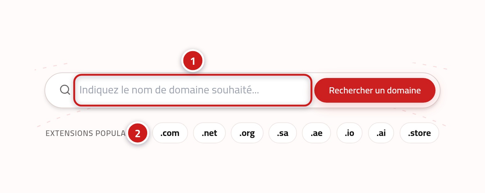 Le formulaire de domaine avec le champ du nom marqué 1 et le choix de la terminaison marqué 2.