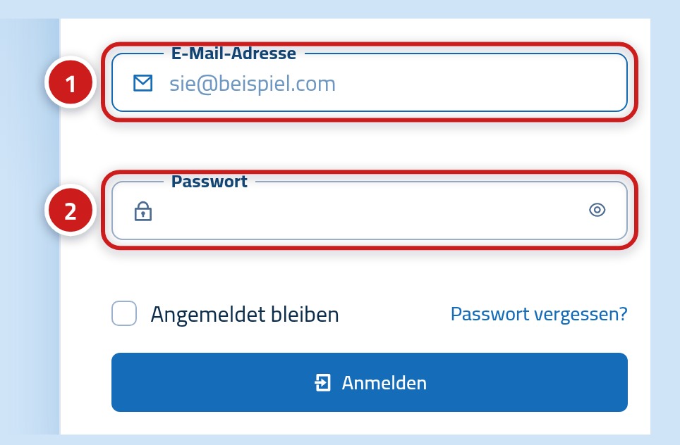 Das Anmeldeformular. Das E-Mail-Feld ist mit 1, das Passwort-Feld mit 2 markiert.
