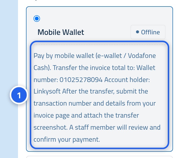 A payment method selected with its instructions shown underneath, with the number 1 on them.