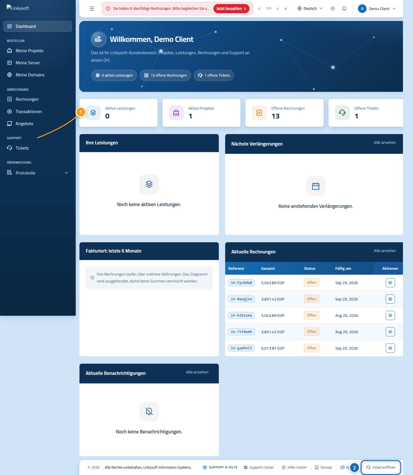 Das Dashboard des Kundenbereichs, mit dem Link Tickets im Seitenmenü als 1 markiert und der Schaltfläche Ticket eröffnen als 2.