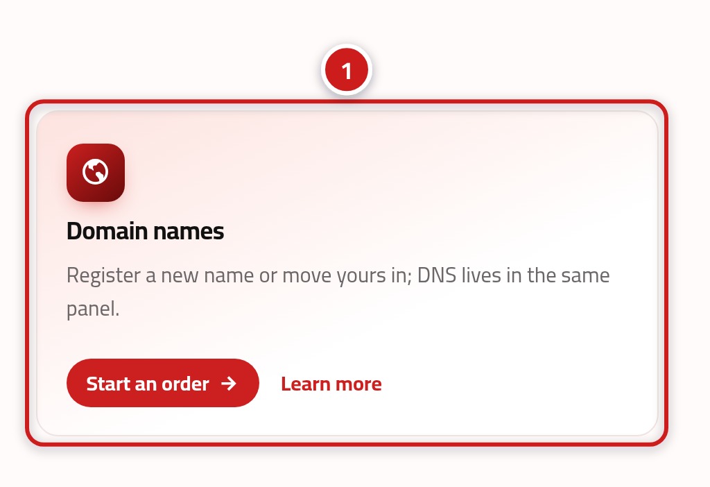 The services section of the home page with the domain card highlighted and marked with number 1.