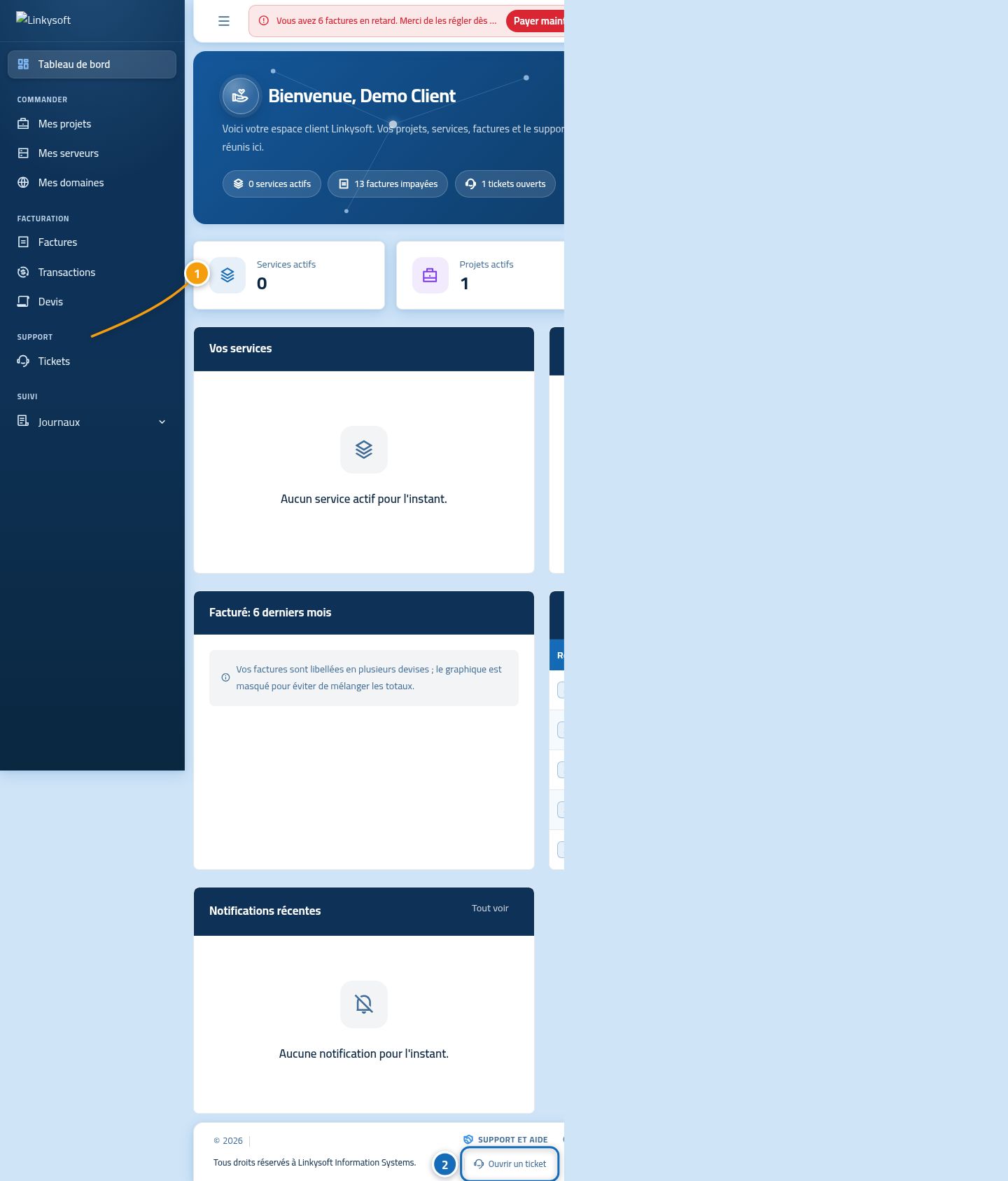 Le tableau de bord de l'espace client, avec le lien Tickets du menu latéral repéré par le 1 et le bouton Ouvrir un ticket repéré par le 2.