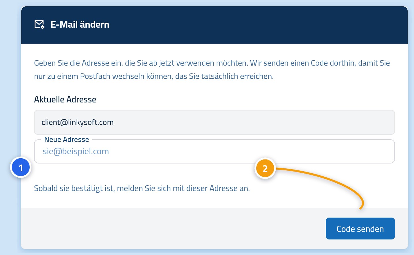 Das Formular zum Ändern der E-Mail, das Feld für die neue Adresse ist mit 1 und die Schaltfläche zum Senden des Codes mit 2 markiert.