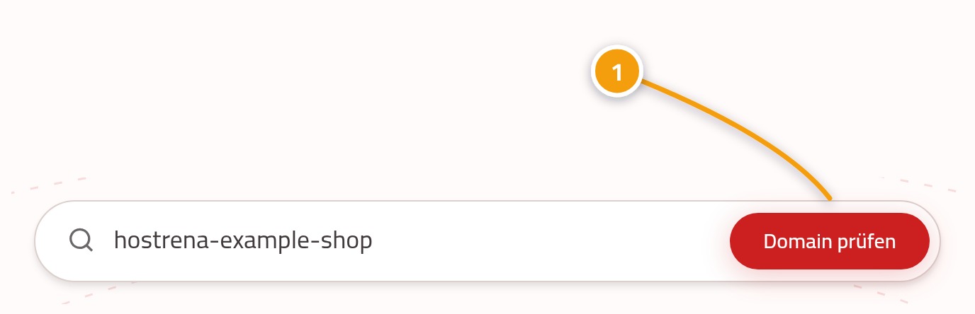 Das Bestellformular für Domains mit einem eingegebenen Beispielnamen und der Prüf-Schaltfläche, markiert mit der Nummer 1.