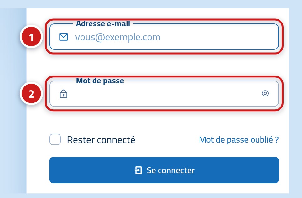 Le formulaire de connexion, montrant la case e-mail marquée 1 et la case mot de passe marquée 2.