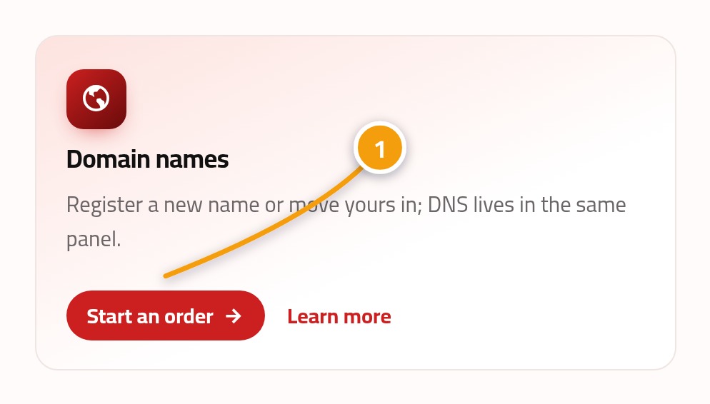 The domain card on the home page showing the Start an order link marked with number 1.