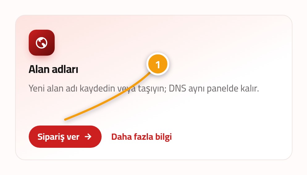 Ana sayfadaki Alan Adları kartında 1 numarayla işaretlenmiş Sipariş Oluştur bağlantısı.