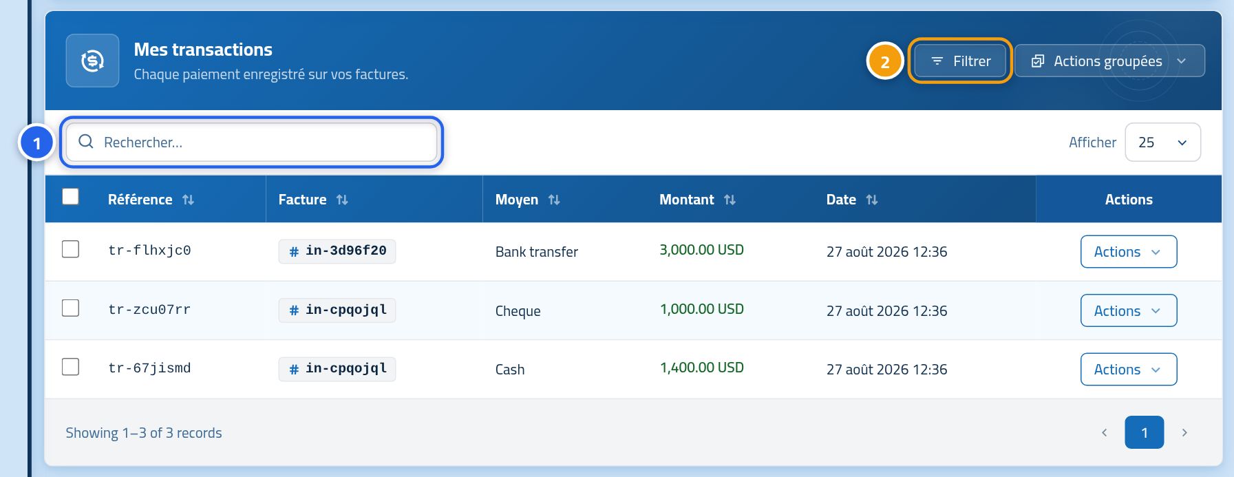 La page Mes paiements avec le tableau des paiements, le numéro 1 sur le champ de recherche et le numéro 2 sur le bouton Filtres.