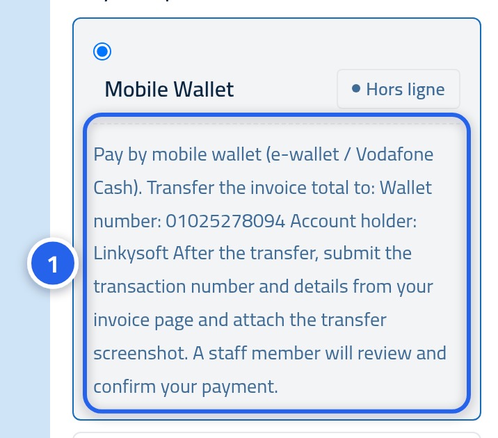 Un moyen de paiement sélectionné avec ses instructions affichées en dessous, avec le numéro 1 dessus.